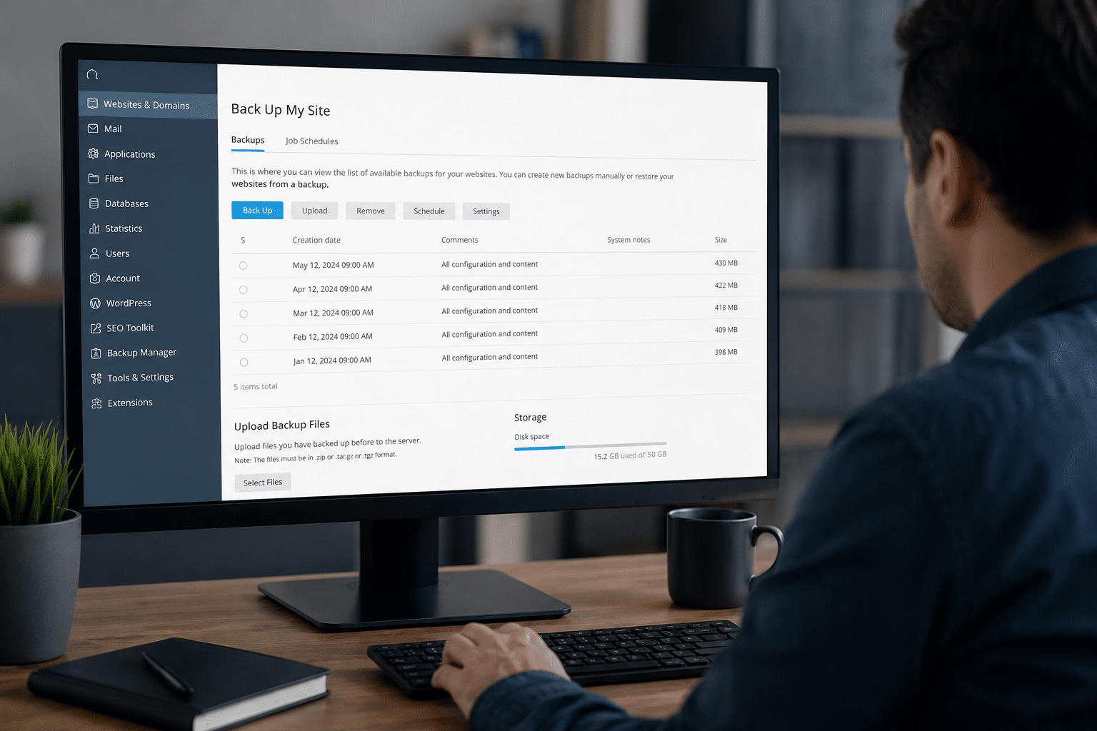 Proceso de copia de seguridad en WordPress desde el panel de hosting