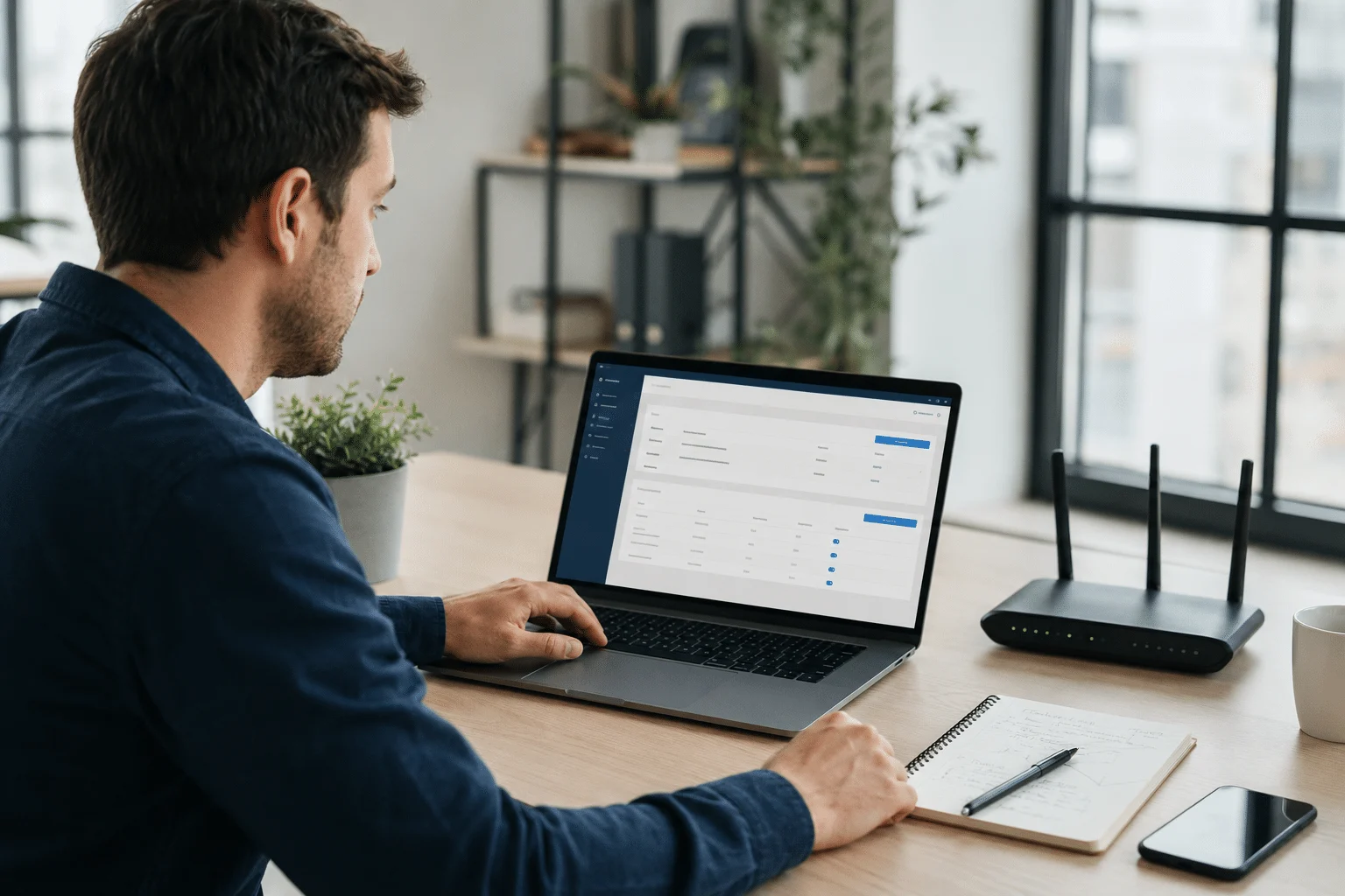 Profesional revisando la configuración de un dominio y sus DNS en un portátil
