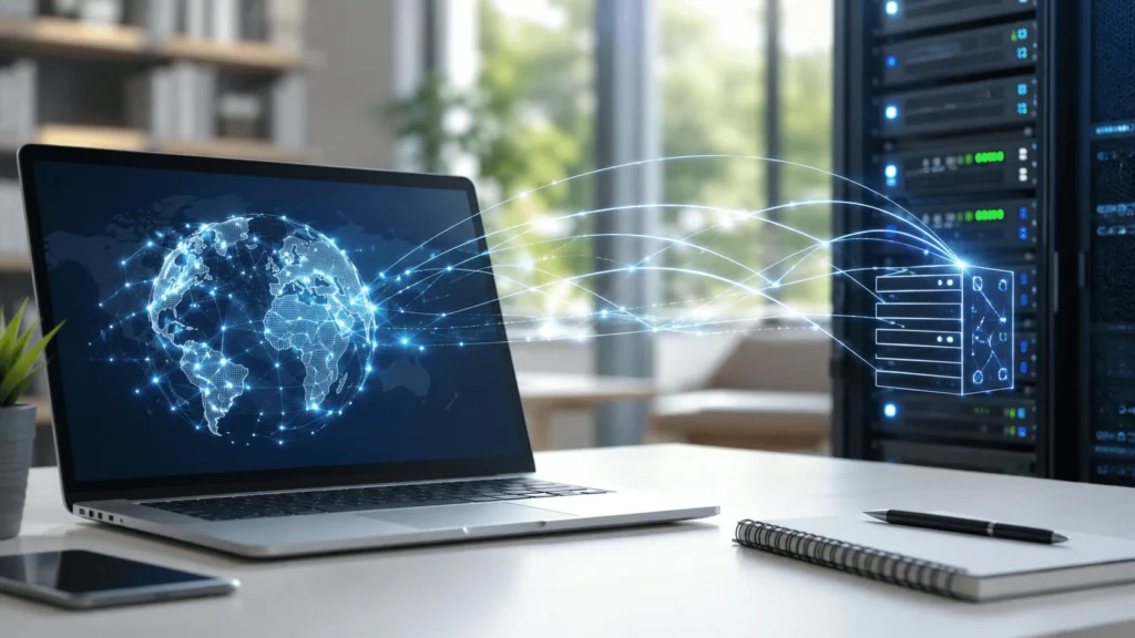 Ilustración de un dominio web resolviéndose hacia un servidor mediante DNS en un entorno tecnológico profesional