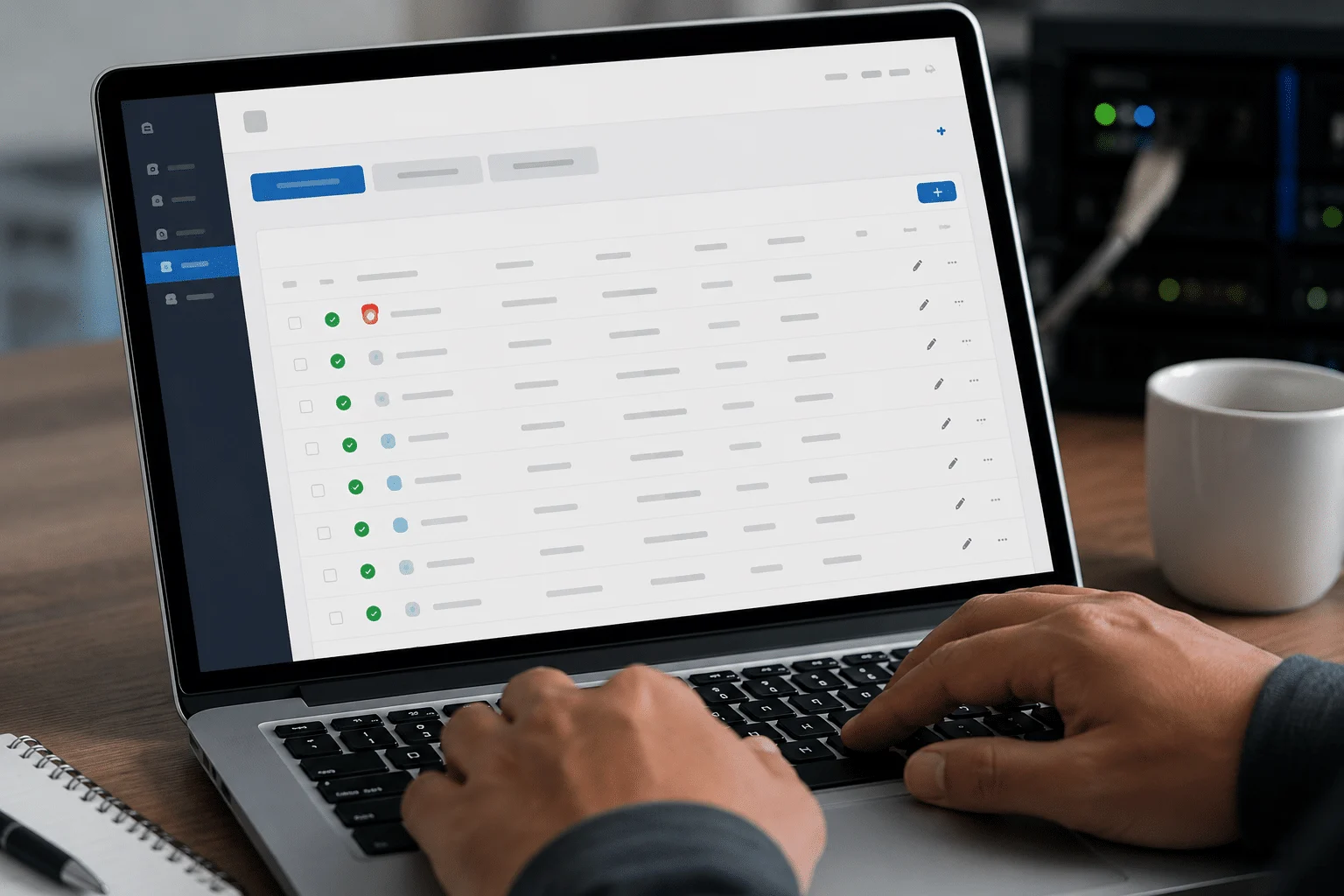 Administrador revisando registros DNS de tipo A, CNAME y MX en una interfaz técnica