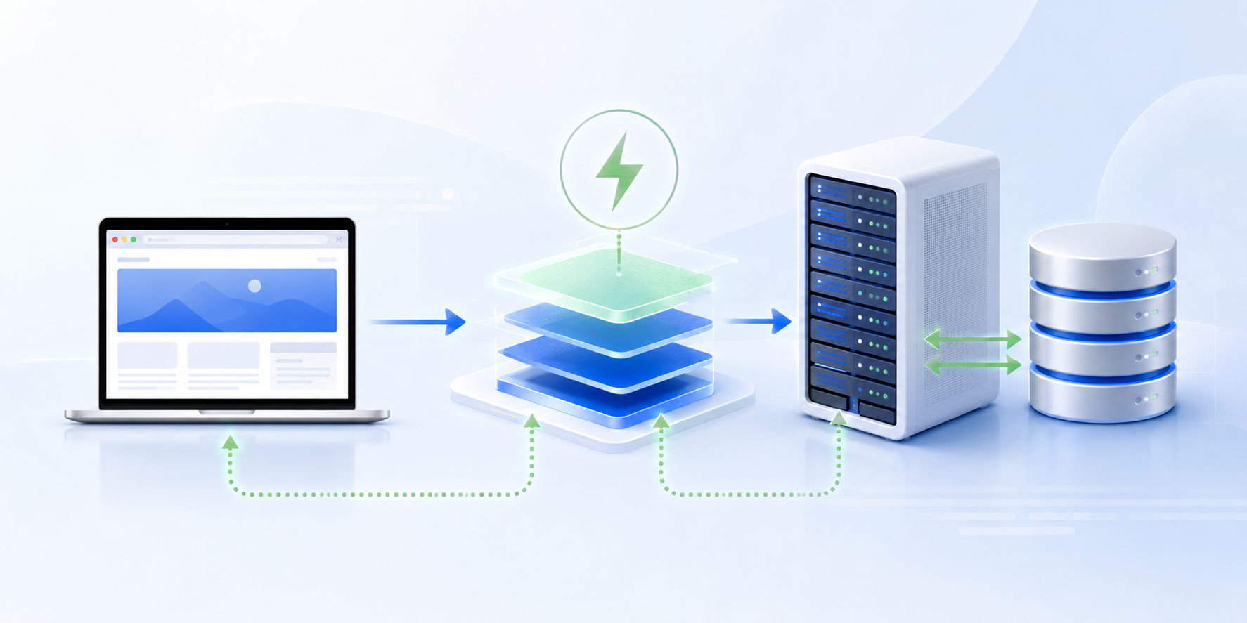 esquema de funcionamiento de la caché en WordPress entre navegador servidor y base de datos