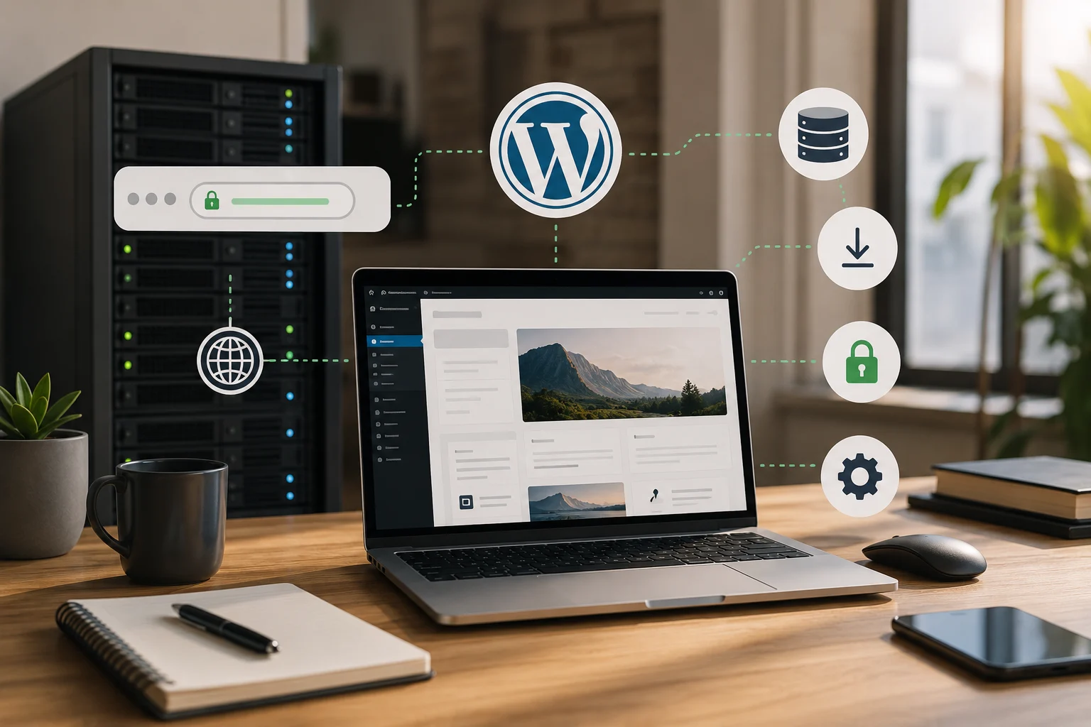 Elementos de una infraestructura web con dominio, WordPress y servidor VPS